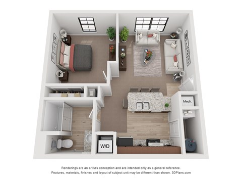 Floor plan for 1 bed, 1 bath, 581 sqft